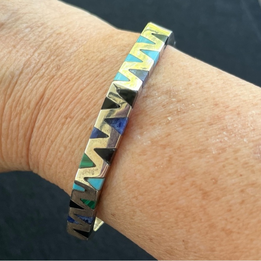 Unique Sterling Silver Bangle Bracelet With Inlaid Stones - From Mexico